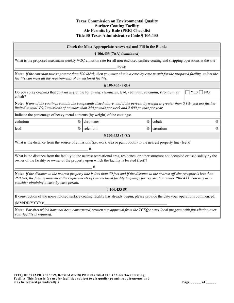 Form TCEQ-10137 Surface Coating Facility Air Permits by Rule 106.433 Checklist - Texas, Page 7