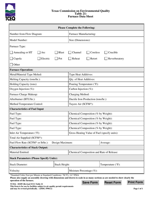 Form TCEQ-10189 Table 21 Furnace Data Sheet - Texas