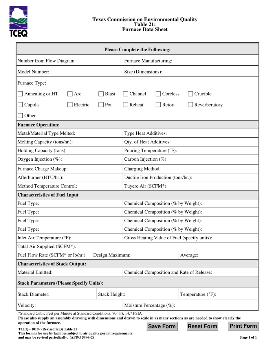 Form TCEQ-10189 Table 21 Furnace Data Sheet - Texas, Page 1