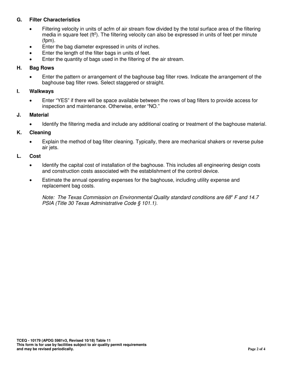 Form TCEQ-10179 Table 11 Fabric Filters - Texas, Page 2