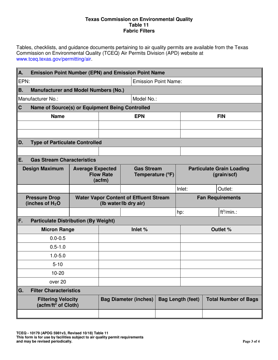 Form TCEQ-10179 Table 11 Fabric Filters - Texas, Page 3