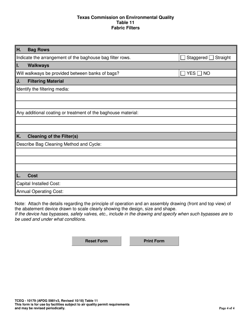Form TCEQ-10179 Table 11 Fabric Filters - Texas, Page 4