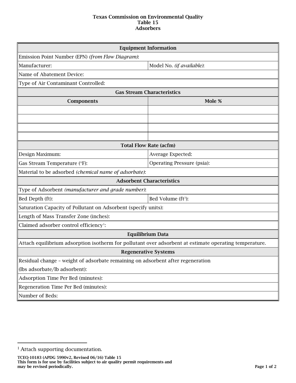 Form TCEQ-10183 Table 15 Adsorbers - Texas, Page 1