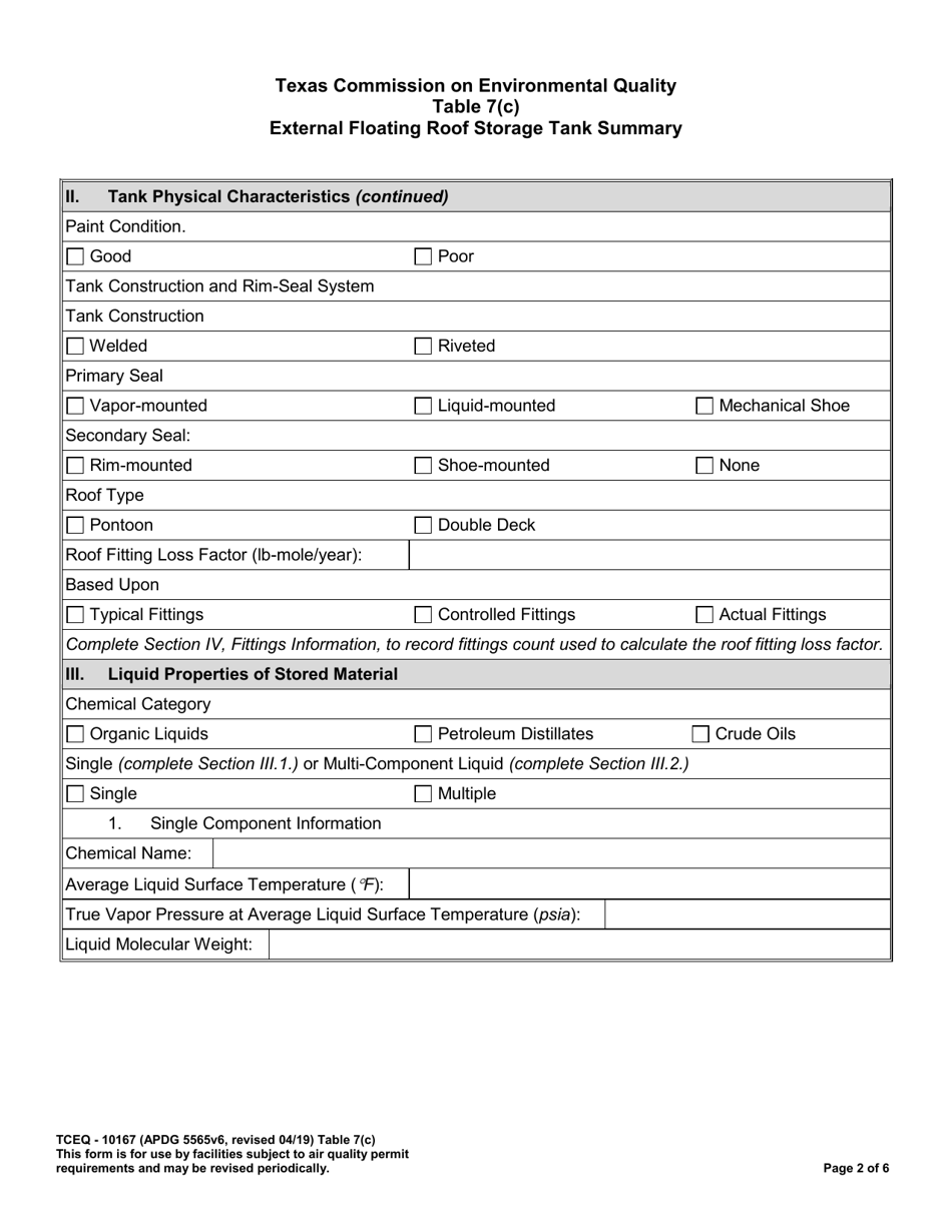 Form TCEQ-10167 Table 7(C) External Floating Roof Storage Tank Summary - Texas, Page 2