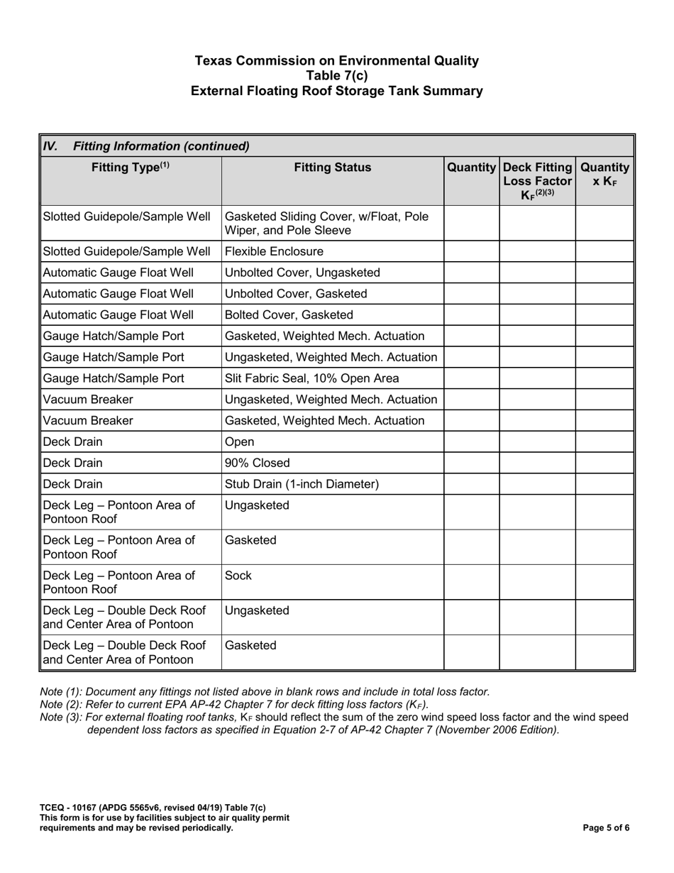 Form TCEQ-10167 Table 7(C) External Floating Roof Storage Tank Summary - Texas, Page 5
