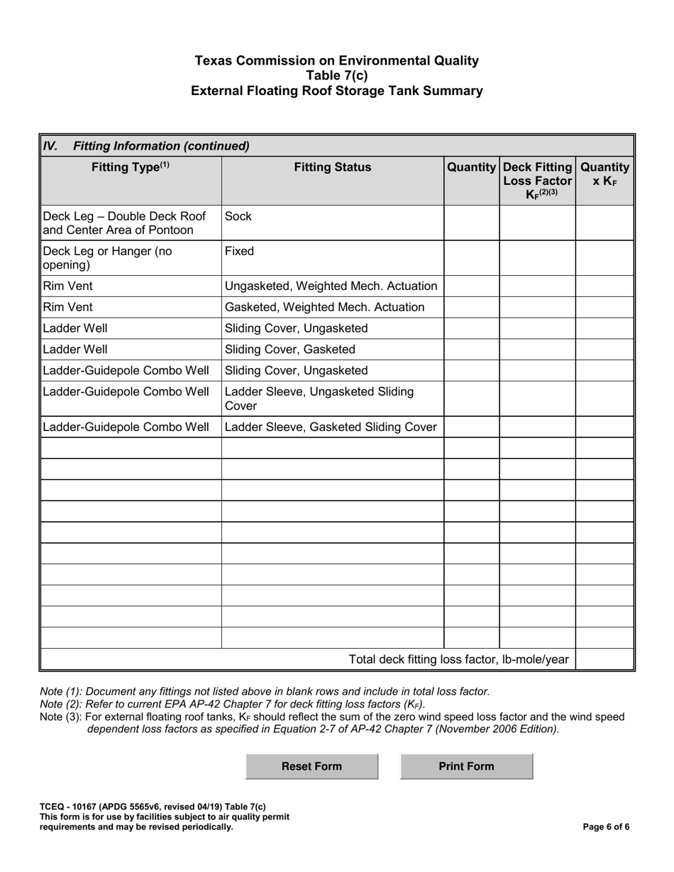 Form TCEQ-10167 Table 7(C) External Floating Roof Storage Tank Summary - Texas, Page 6