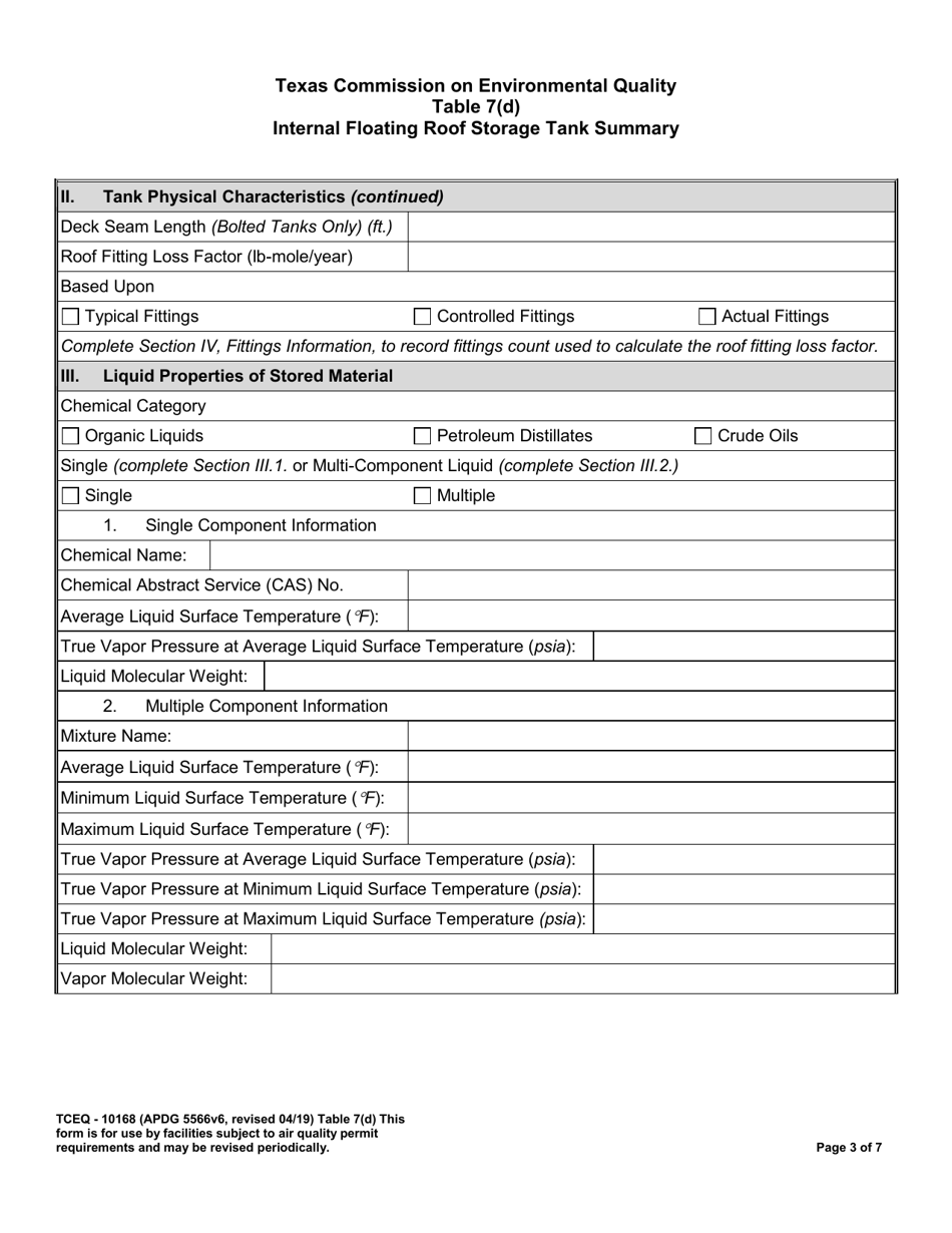 Form TCEQ-10168 Table 7(D) Internal Floating Roof Storage Tank Summary - Texas, Page 3