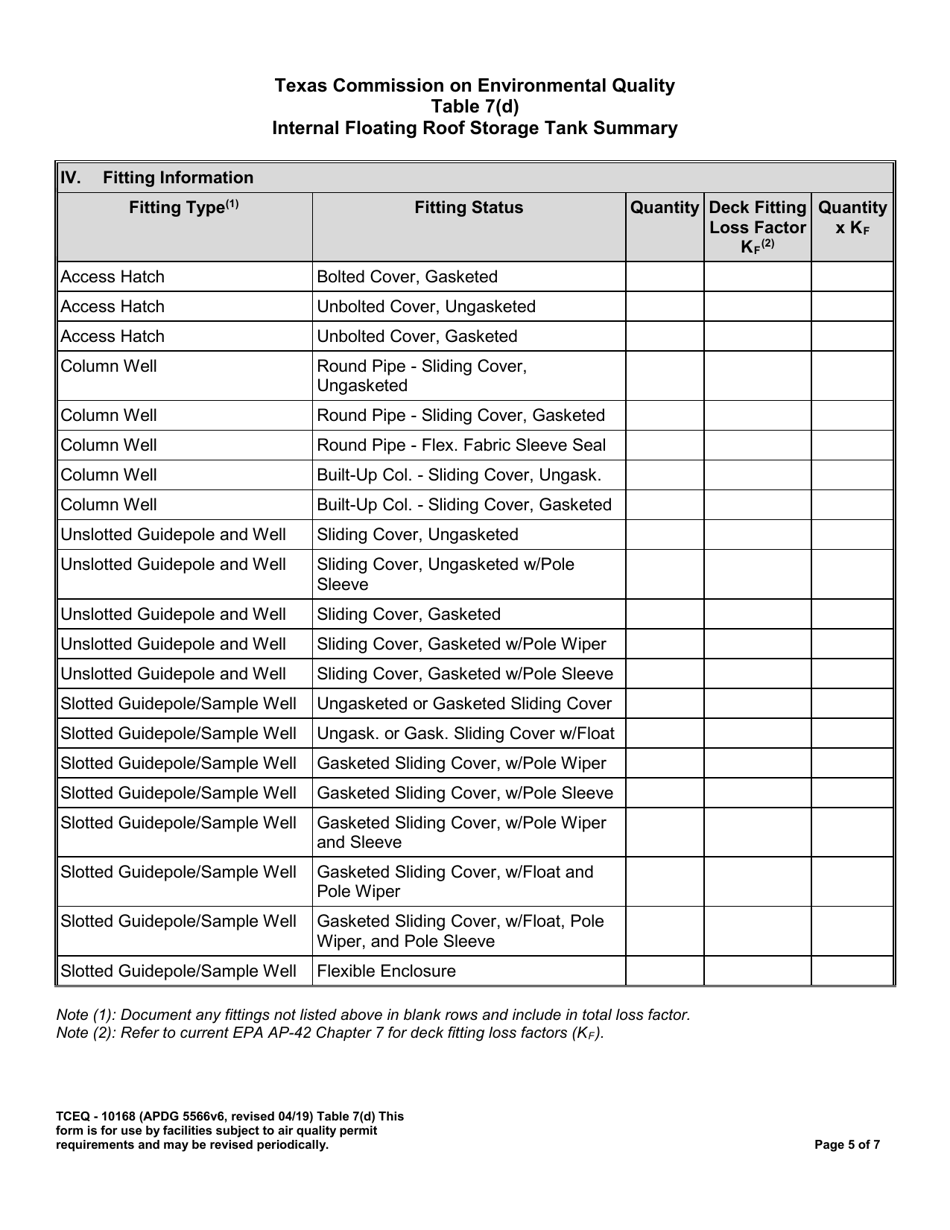 Form TCEQ-10168 Table 7(D) Internal Floating Roof Storage Tank Summary - Texas, Page 5