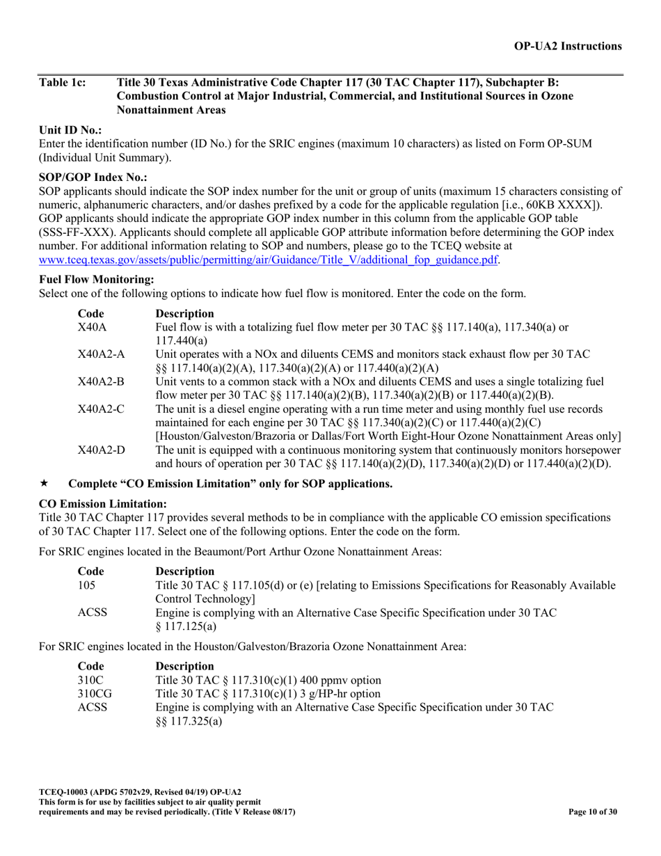 Form OP-UA2 (TCEQ-10003) Stationary Reciprocating Internal Combustion Engine Attributes - Texas, Page 10