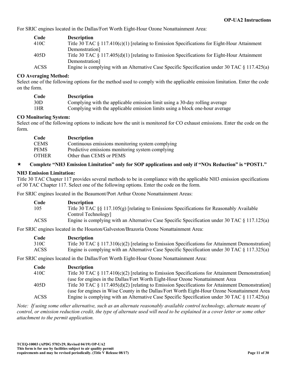 Form OP-UA2 (TCEQ-10003) Stationary Reciprocating Internal Combustion Engine Attributes - Texas, Page 11
