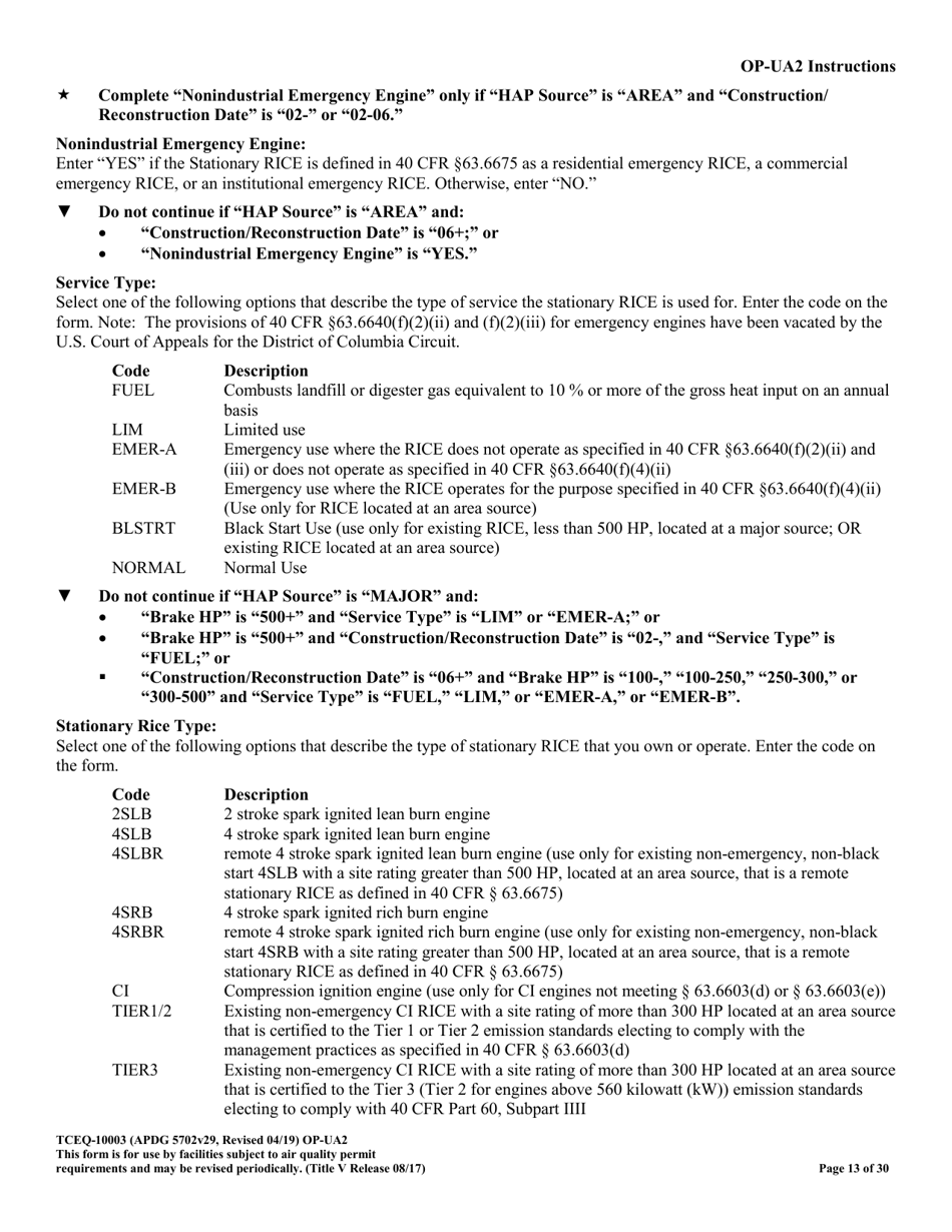 Form OP-UA2 (TCEQ-10003) Stationary Reciprocating Internal Combustion Engine Attributes - Texas, Page 13