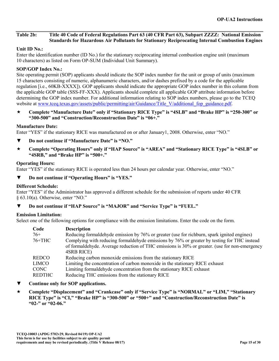 Form OP-UA2 (TCEQ-10003) Stationary Reciprocating Internal Combustion Engine Attributes - Texas, Page 15