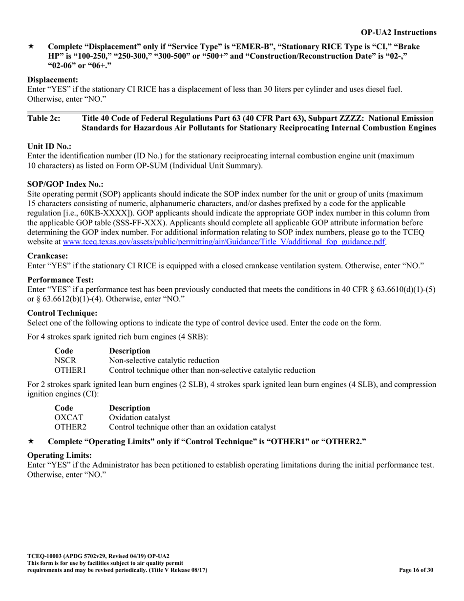 Form OP-UA2 (TCEQ-10003) Stationary Reciprocating Internal Combustion Engine Attributes - Texas, Page 16