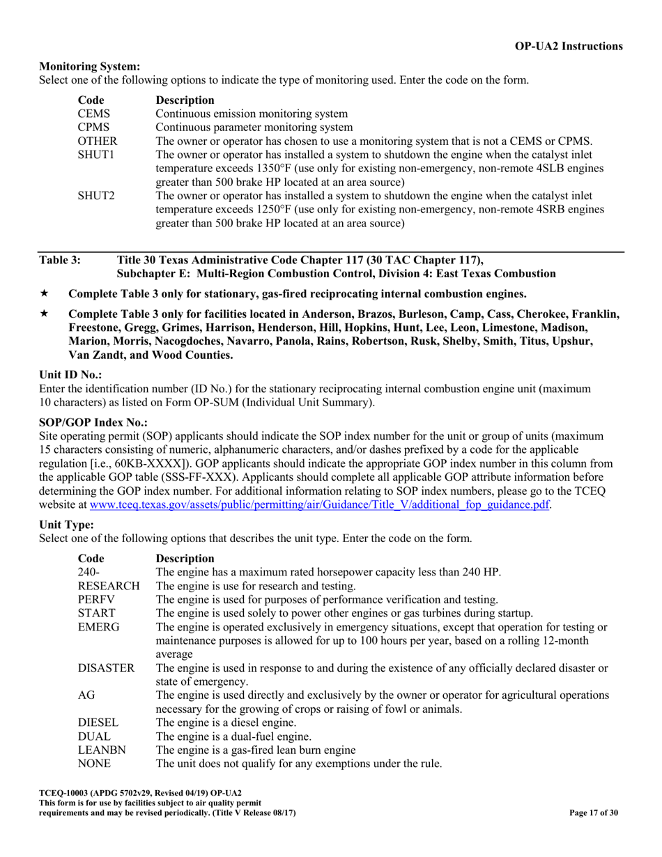 Form OP-UA2 (TCEQ-10003) Stationary Reciprocating Internal Combustion Engine Attributes - Texas, Page 17