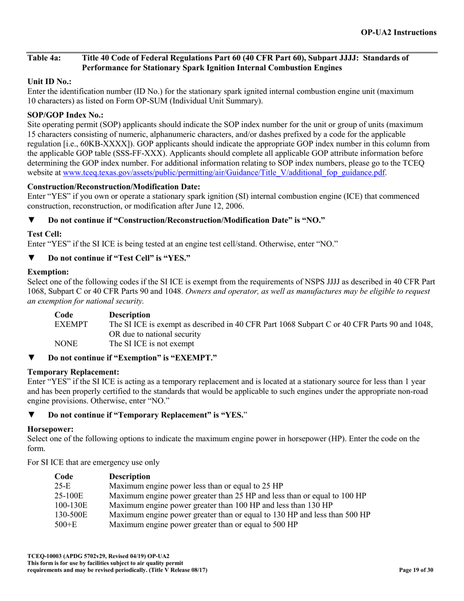 Form OP-UA2 (TCEQ-10003) Stationary Reciprocating Internal Combustion Engine Attributes - Texas, Page 19
