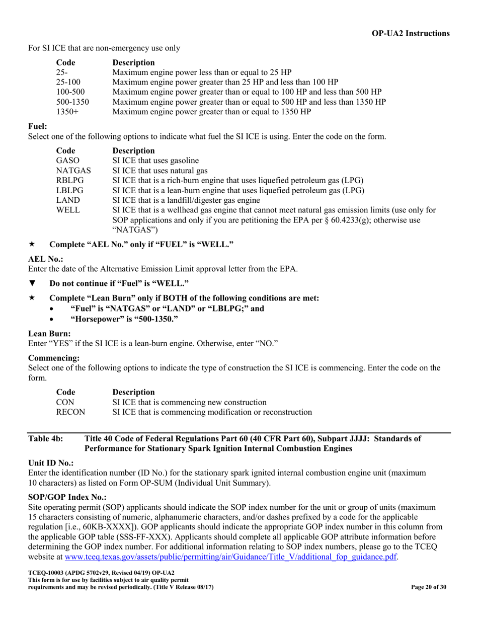 Form OP-UA2 (TCEQ-10003) Stationary Reciprocating Internal Combustion Engine Attributes - Texas, Page 20