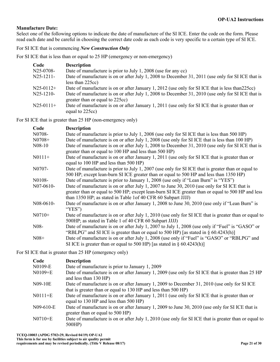 Form OP-UA2 (TCEQ-10003) Stationary Reciprocating Internal Combustion Engine Attributes - Texas, Page 21