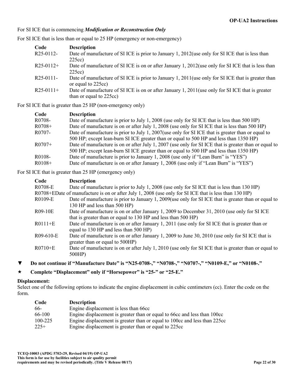 Form OP-UA2 (TCEQ-10003) Stationary Reciprocating Internal Combustion Engine Attributes - Texas, Page 22