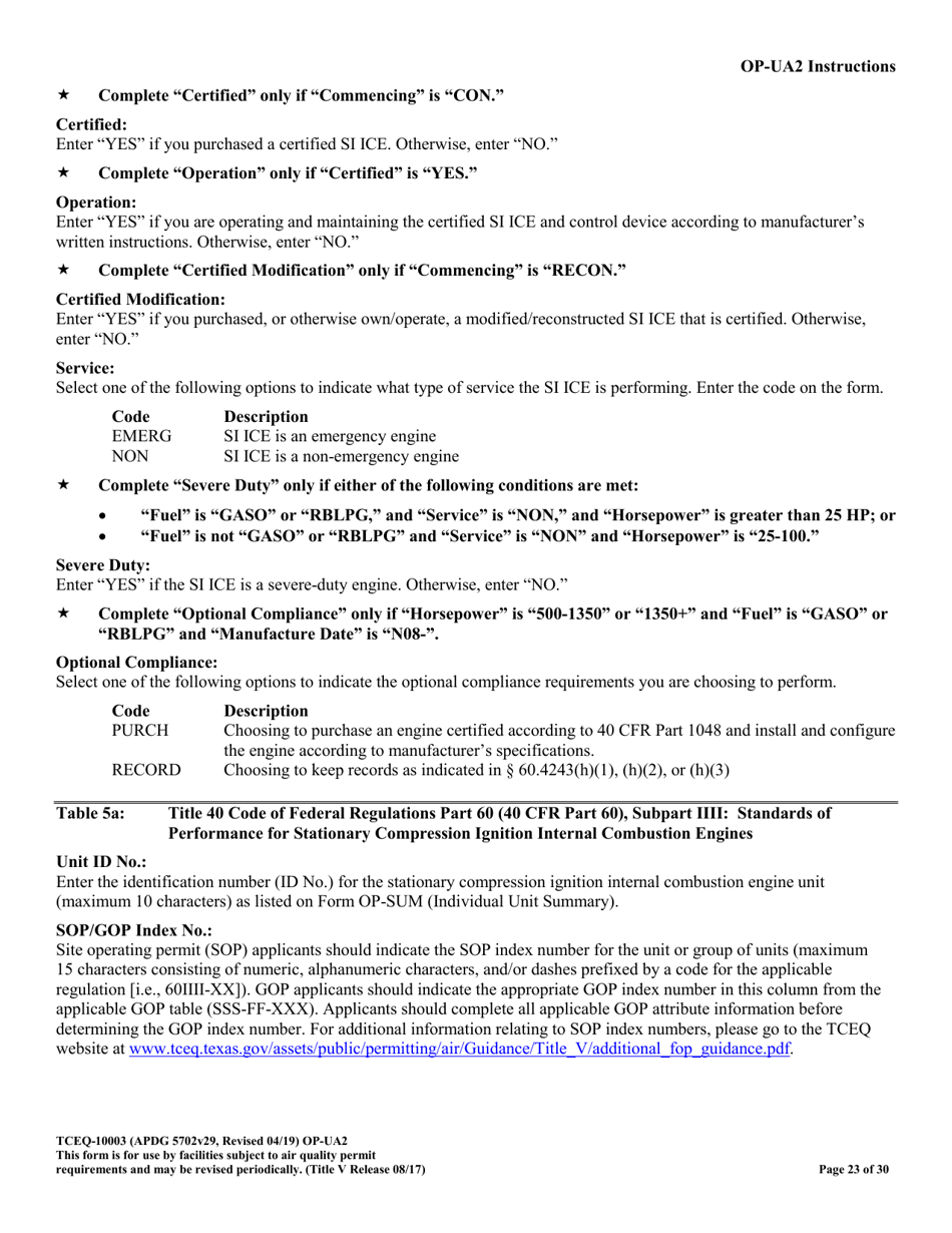 Form OP-UA2 (TCEQ-10003) Stationary Reciprocating Internal Combustion Engine Attributes - Texas, Page 23