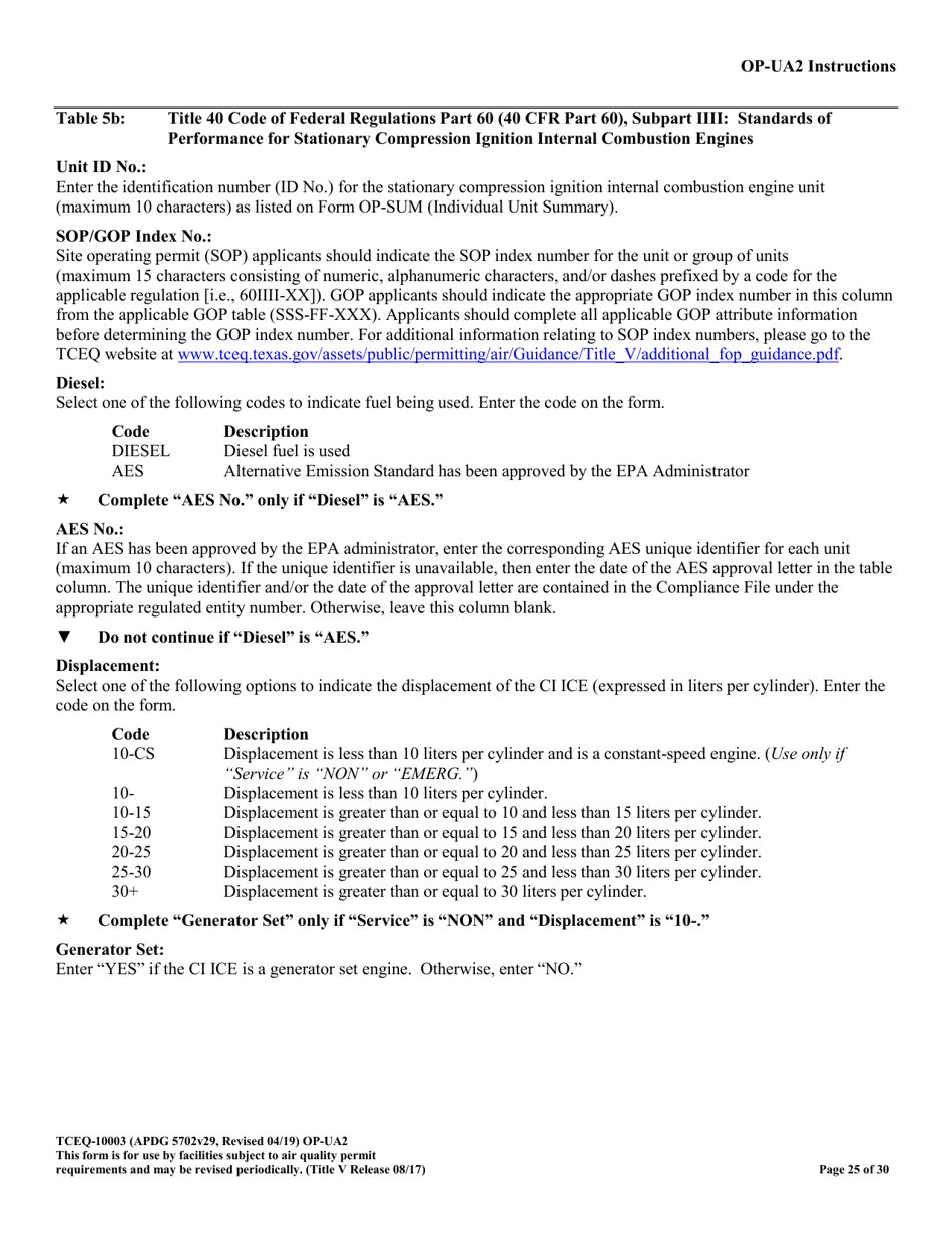 Form OP-UA2 (TCEQ-10003) Stationary Reciprocating Internal Combustion Engine Attributes - Texas, Page 25