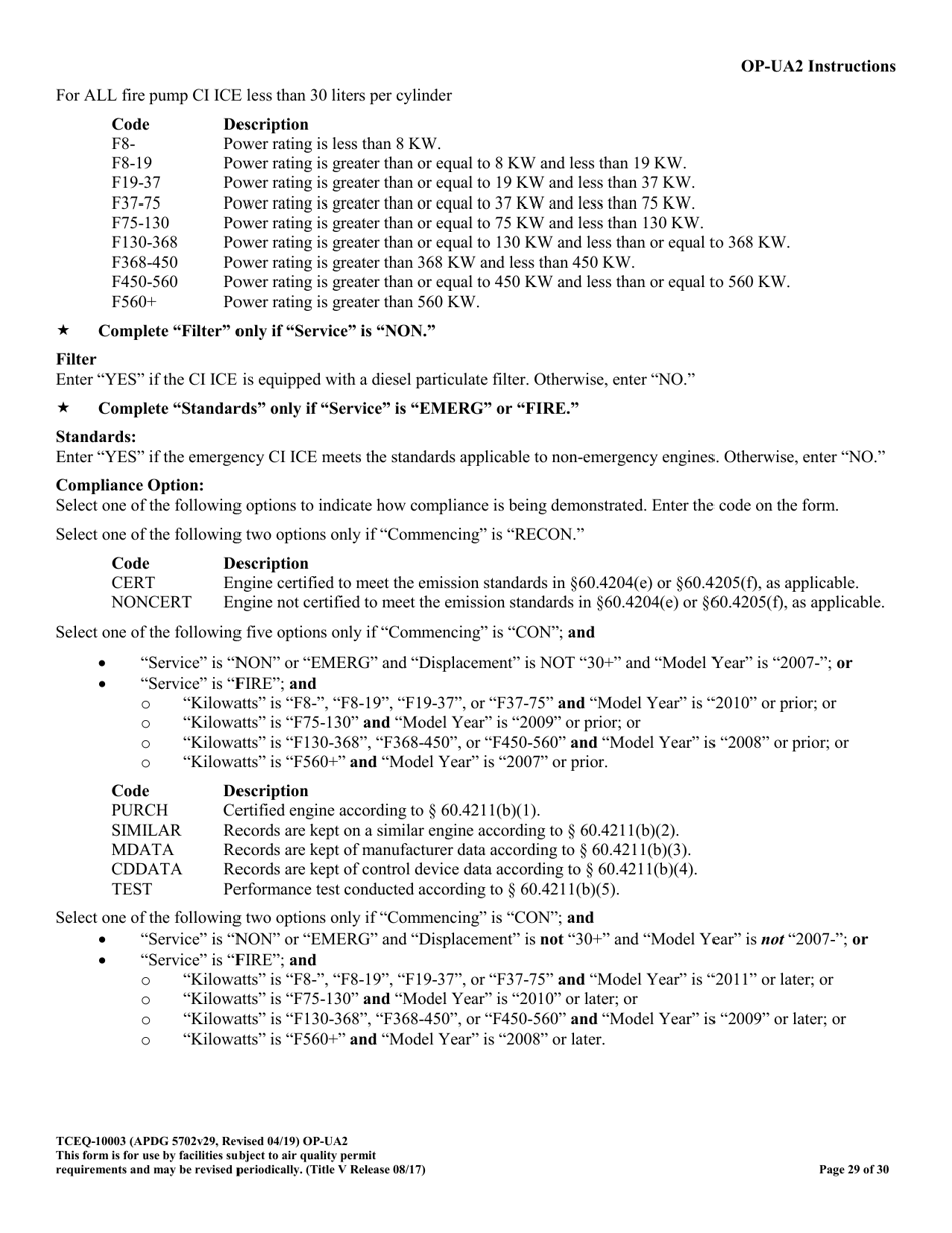 Form OP-UA2 (TCEQ-10003) Stationary Reciprocating Internal Combustion Engine Attributes - Texas, Page 29