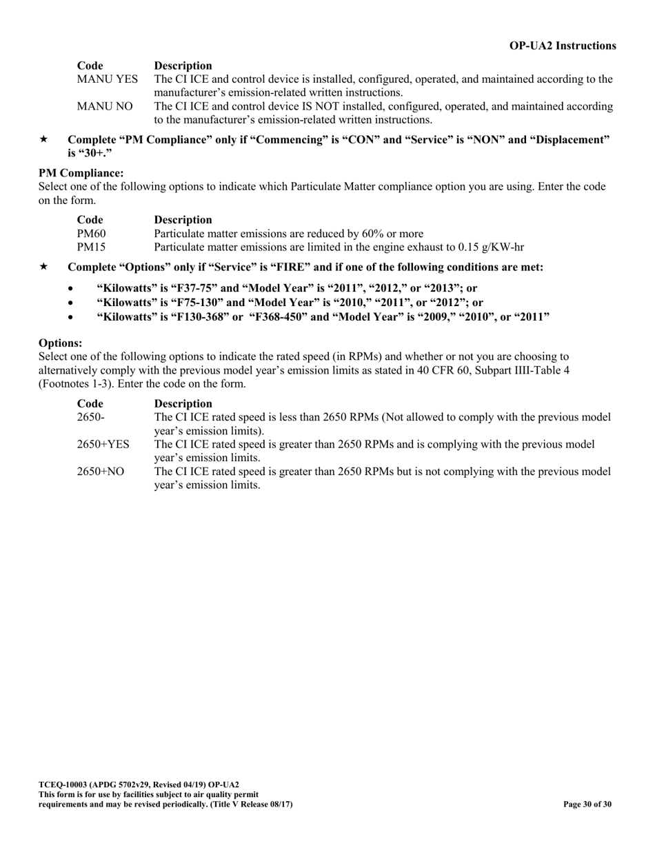 Form OP-UA2 (TCEQ-10003) Stationary Reciprocating Internal Combustion Engine Attributes - Texas, Page 30