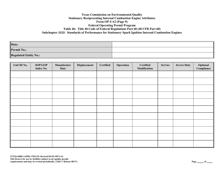 Form OP-UA2 (TCEQ-10003) Stationary Reciprocating Internal Combustion Engine Attributes - Texas, Page 39