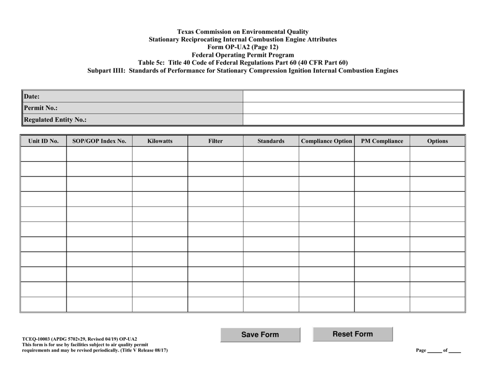 Form OP-UA2 (TCEQ-10003) Stationary Reciprocating Internal Combustion Engine Attributes - Texas, Page 42