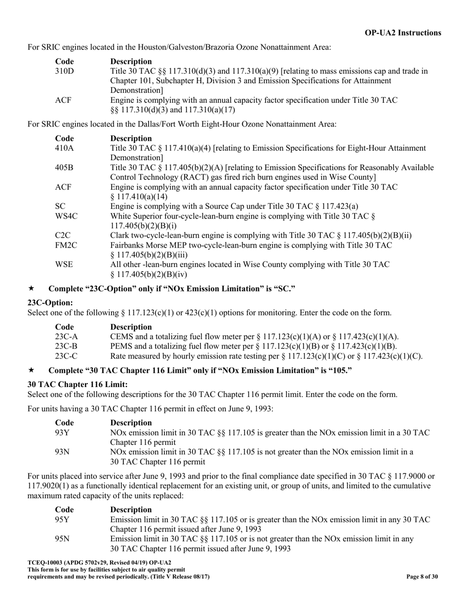 Form OP-UA2 (TCEQ-10003) Stationary Reciprocating Internal Combustion Engine Attributes - Texas, Page 8