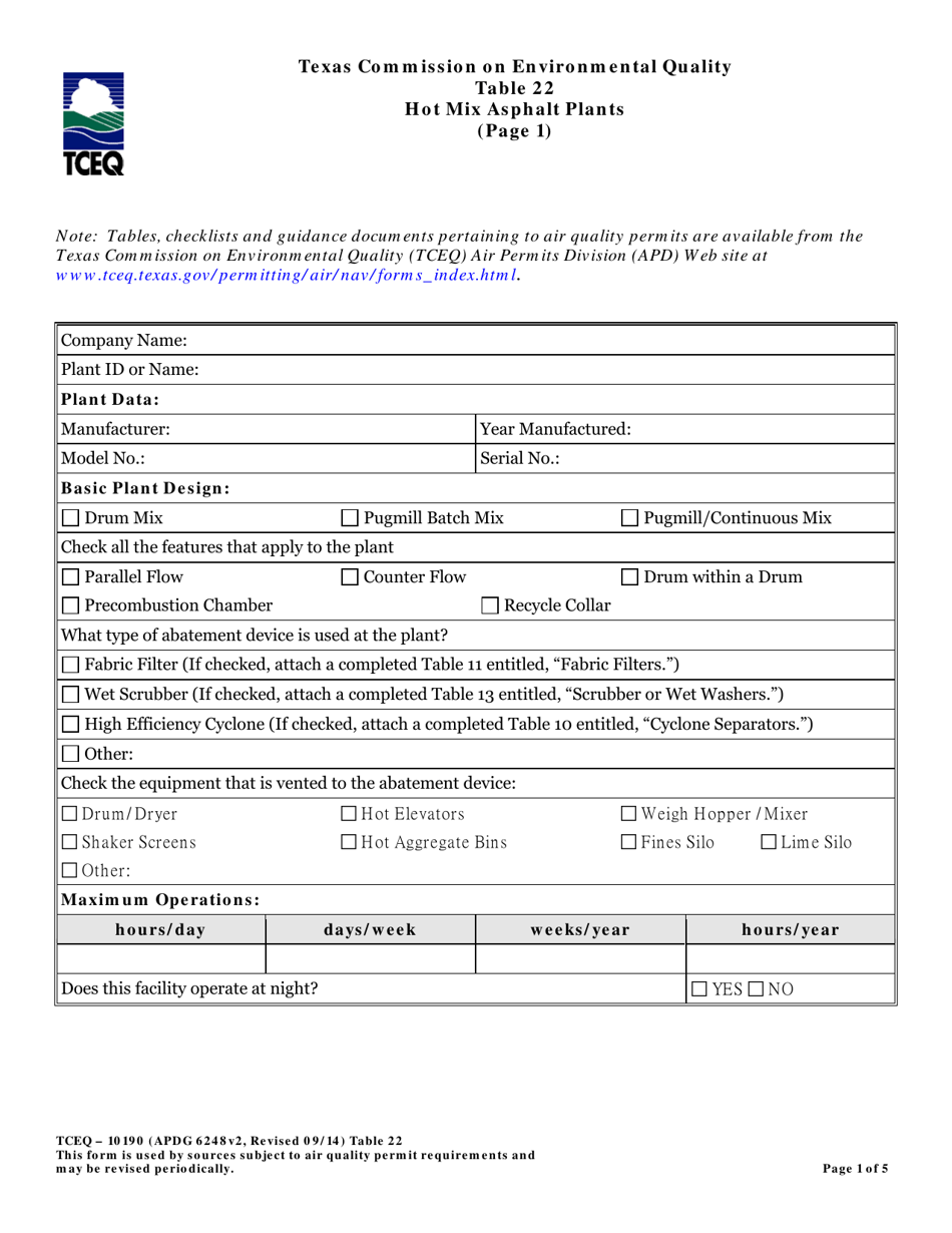 Form TCEQ-10190 Table 22 Hot Mix Asphalt Plants - Texas, Page 1