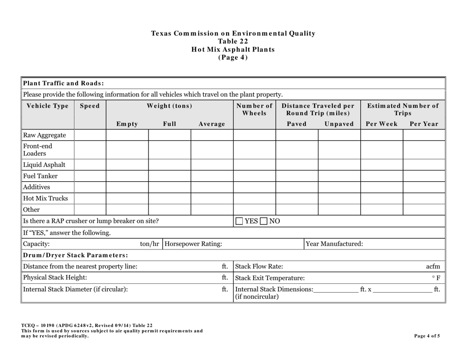 Form TCEQ-10190 Table 22 Hot Mix Asphalt Plants - Texas, Page 4