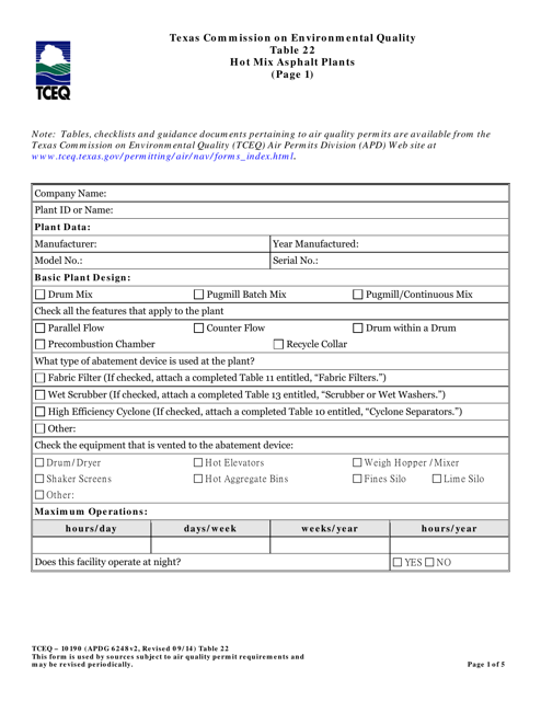 Form TCEQ-10190 Table 22  Printable Pdf