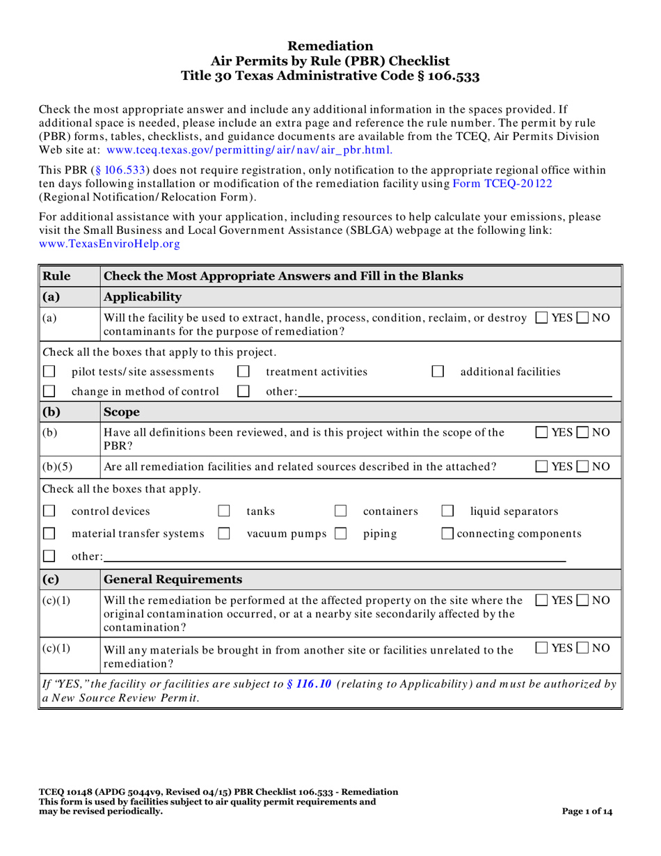 Form TCEQ-10148 Remediation Air Permits by Rule (Pbr) Checklist - Texas, Page 1
