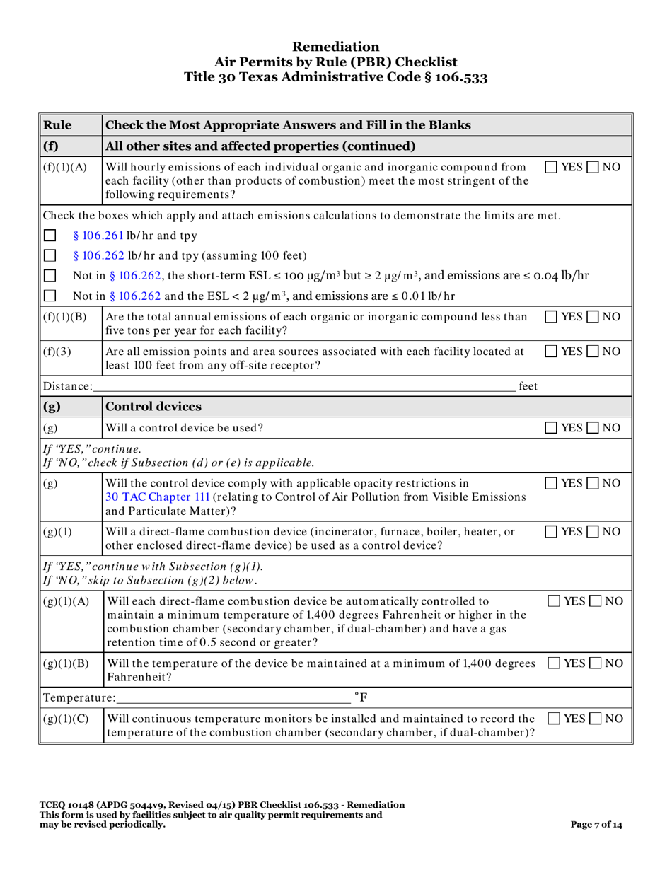 Form TCEQ-10148 Remediation Air Permits by Rule (Pbr) Checklist - Texas, Page 7
