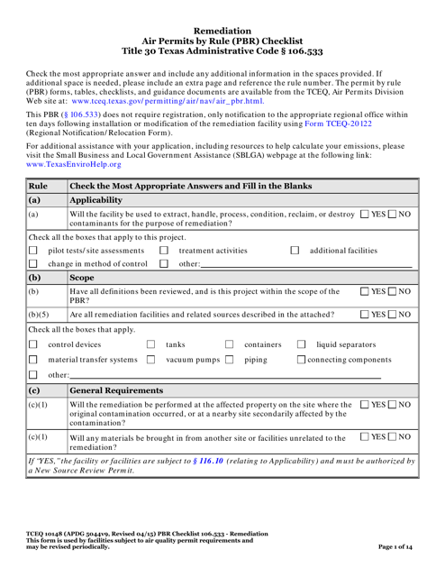 Form TCEQ-10148 Remediation Air Permits by Rule (Pbr) Checklist - Texas