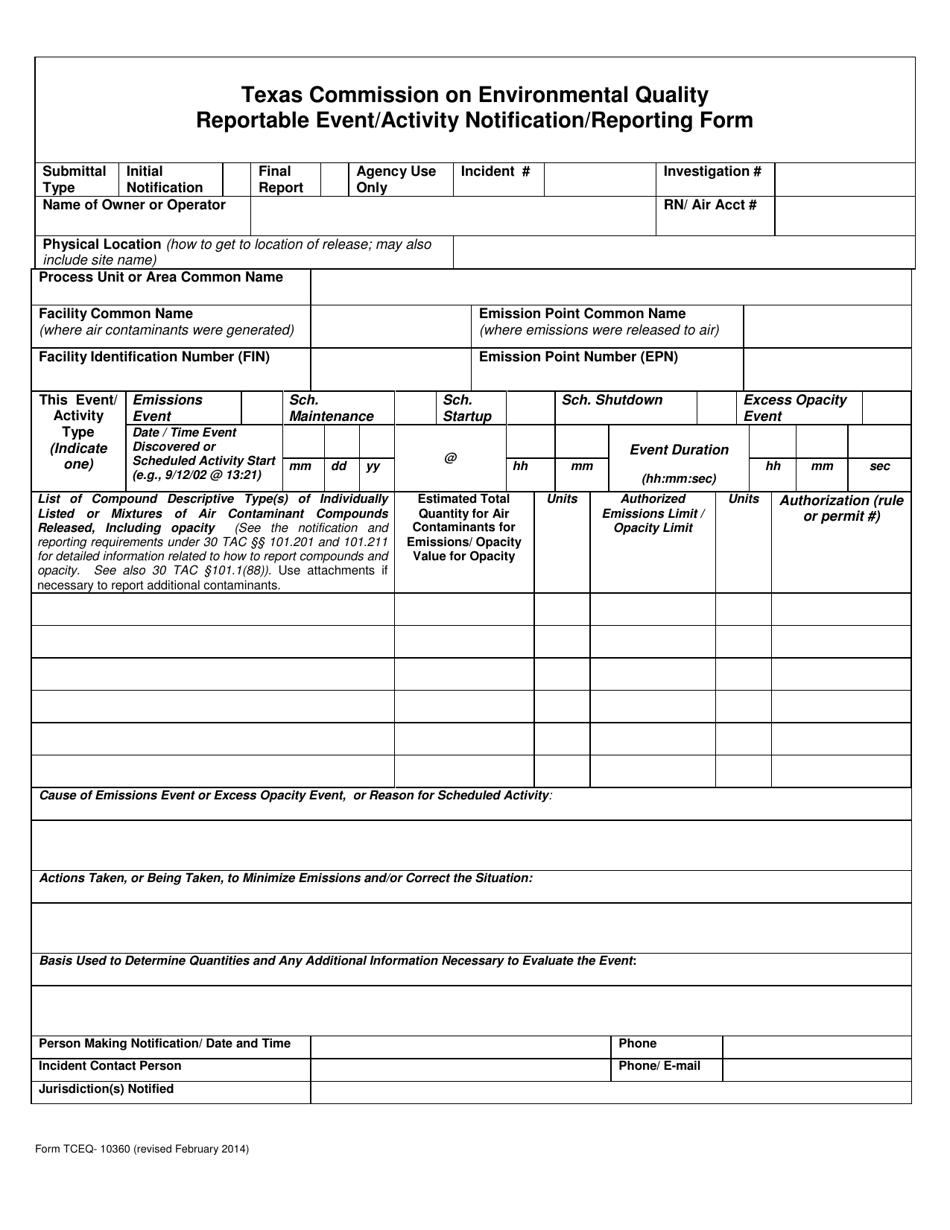 Form TCEQ-10360 Reportable Event / Activity Notification / Reporting Form - Texas, Page 1