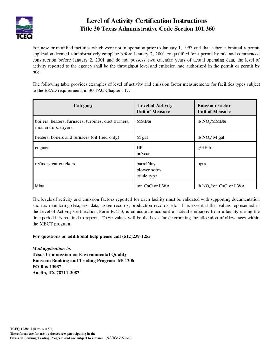 Instructions for Form ECT-3, TCEQ-10386 Level of Activity Certification - Texas, Page 2