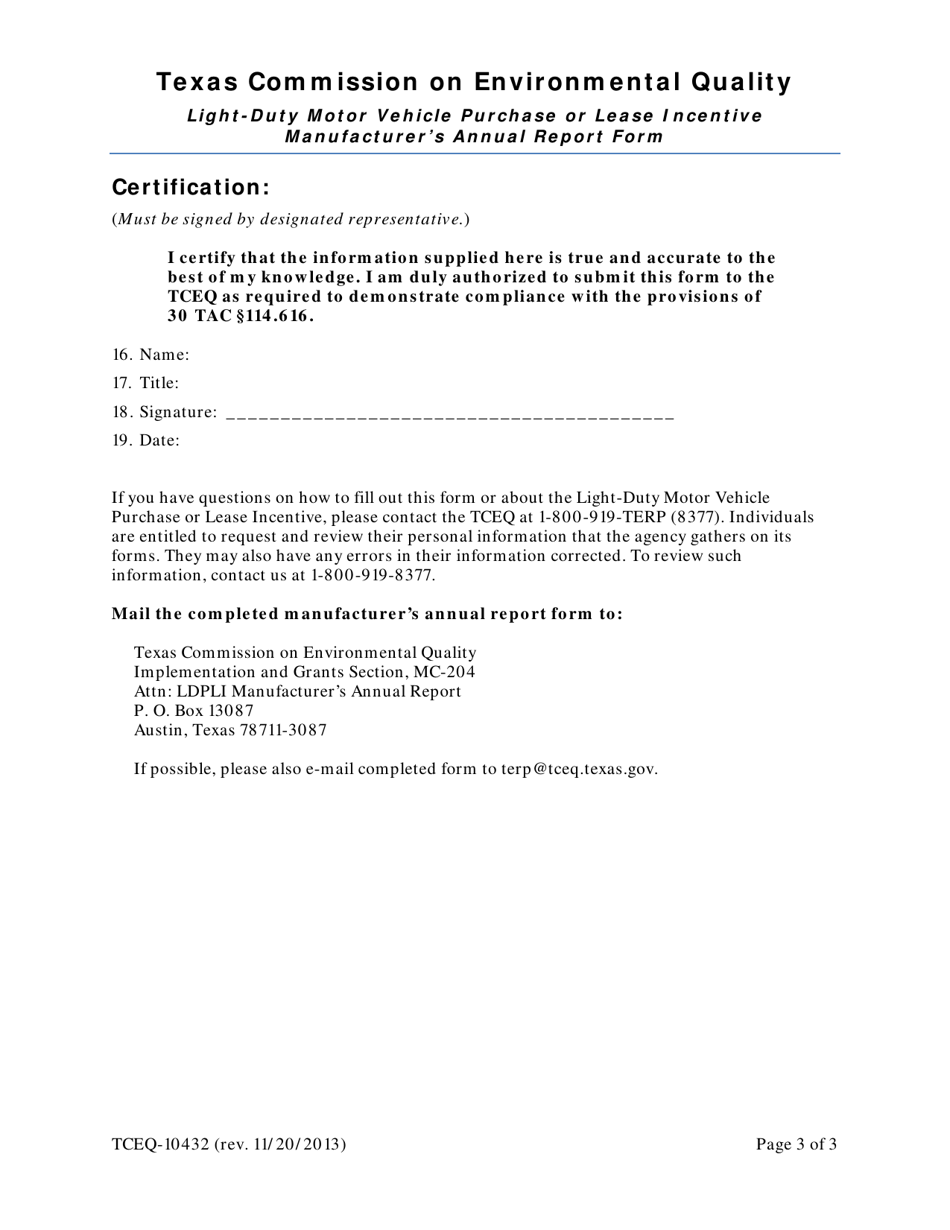 Form TCEQ-10432 Light-Duty Motor Vehicle Purchase or Lease Incentive Manufacturers Annual Report Form - Texas, Page 3