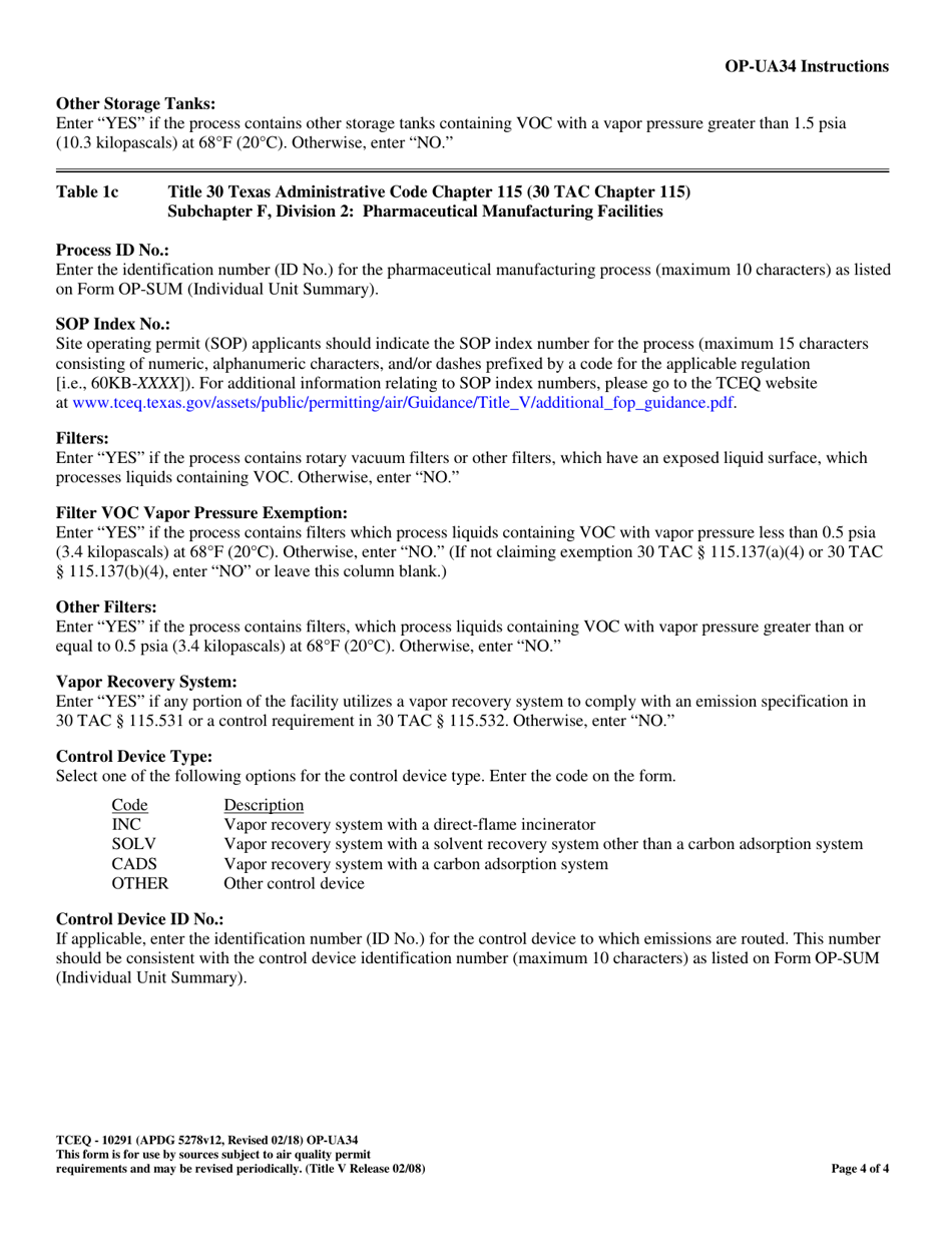 Form OP-UA34 (TCEQ-10291) Pharmaceutical Manufacturing Facility Attributes - Texas, Page 4