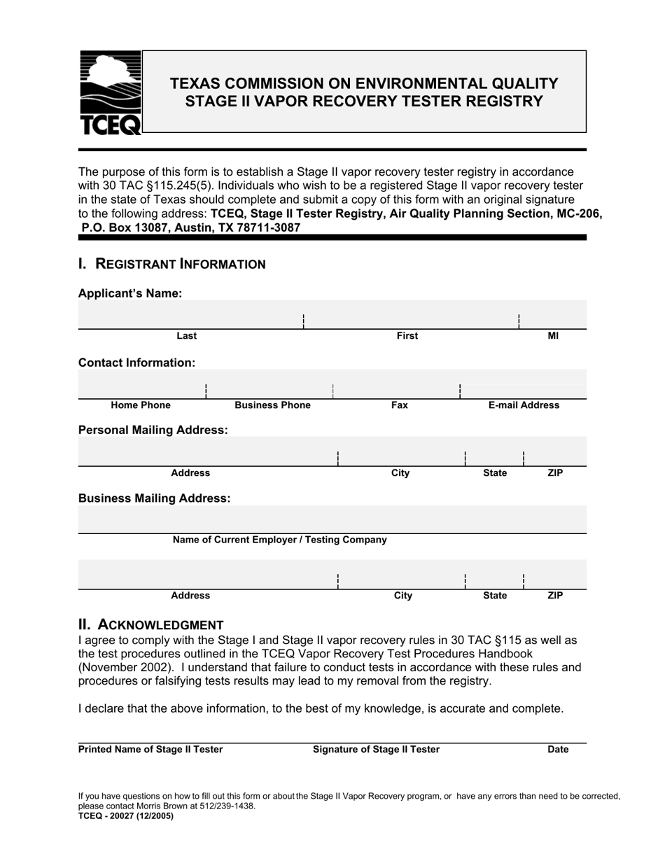 Form TCEQ-20027 Stage II Vapor Recovery Tester Registry - Texas, Page 1