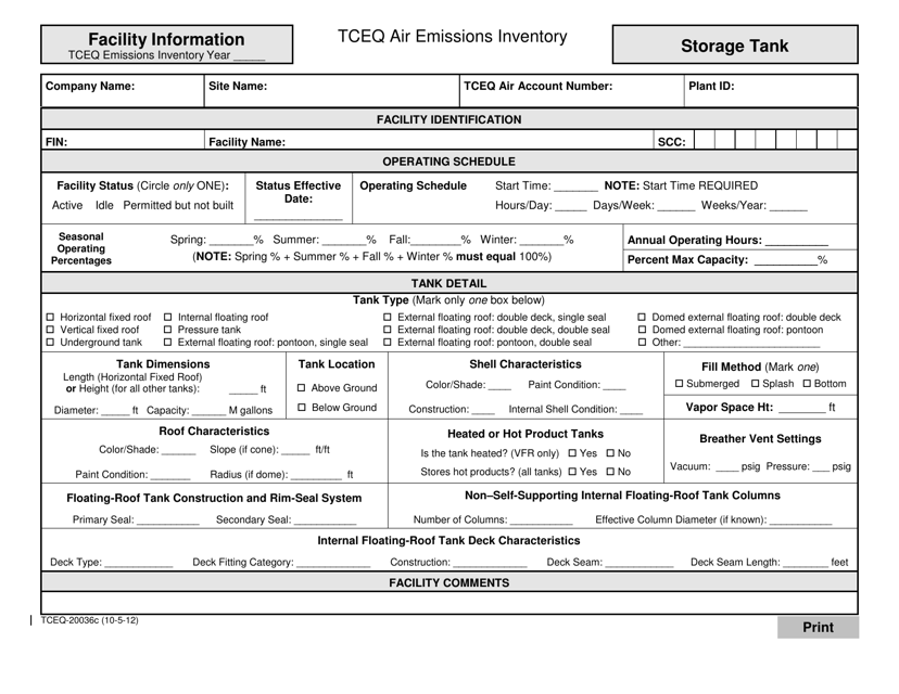 Form TCEQ-20036C Facility Information Storage Tank - Texas