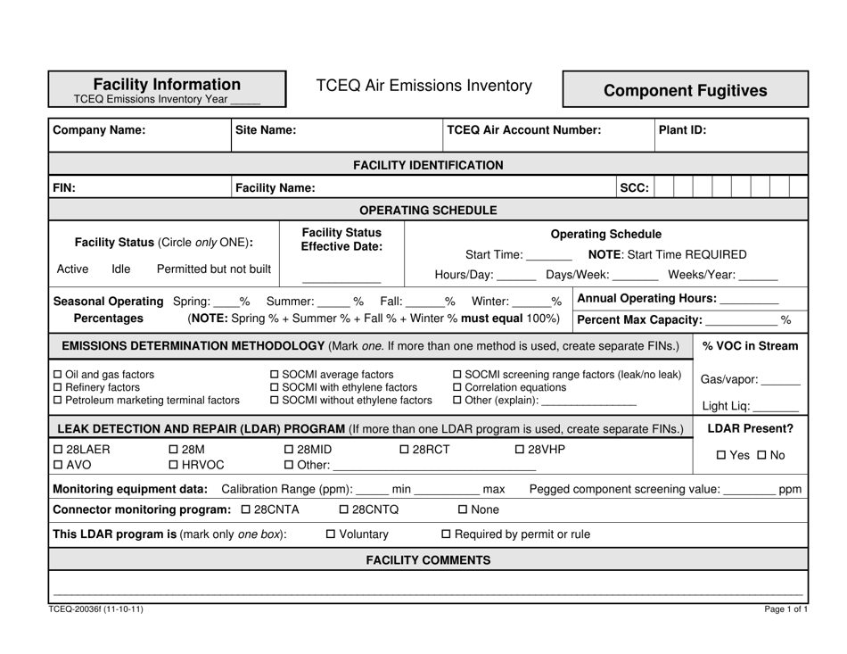 Form TCEQ-20036F Facility Information Leaking Component Fugitives - Texas, Page 1