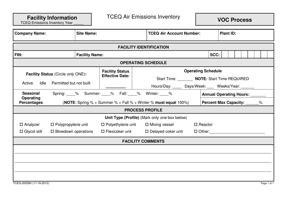 Form TCEQ-20036H Facility Information VOC Process - Texas, Page 1