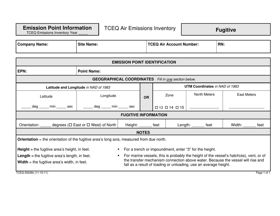 Form TCEQ-20038C Emission Point Information Fugitive - Texas, Page 1