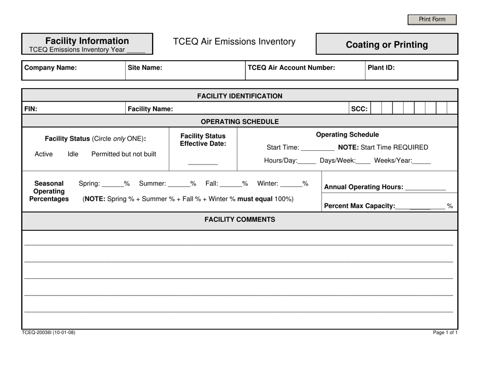 Form TCEQ-20036L Facility Information Coating or Printing - Texas, Page 1
