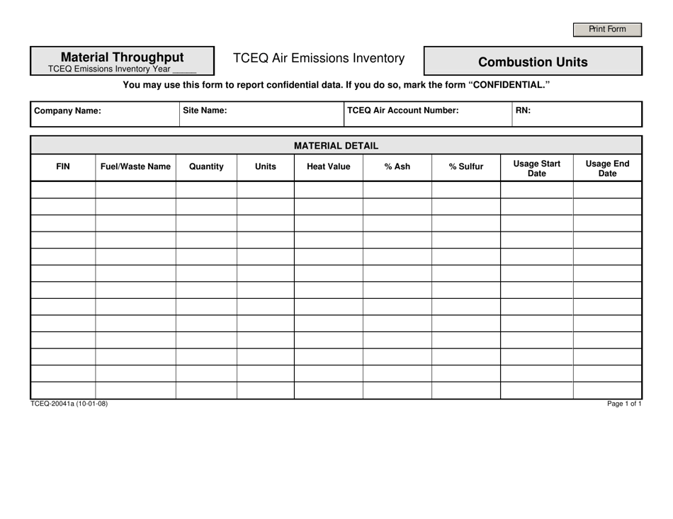 Form TCEQ-20041A Material Throughput Combustion Units - Texas, Page 1