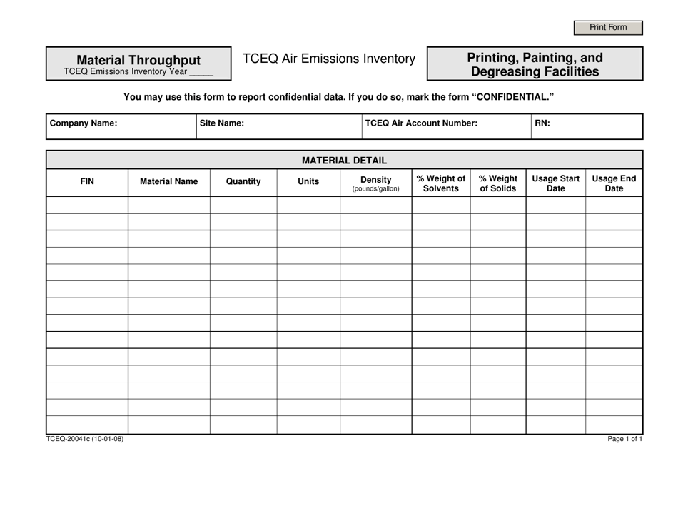 Form TCEQ-20041C Material Throughput Printing, Painting, and Degreasing Facilities - Texas, Page 1