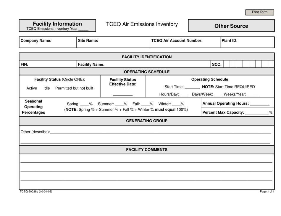 Form TCEQ-20036G Facility Information Other Source - Texas, Page 1