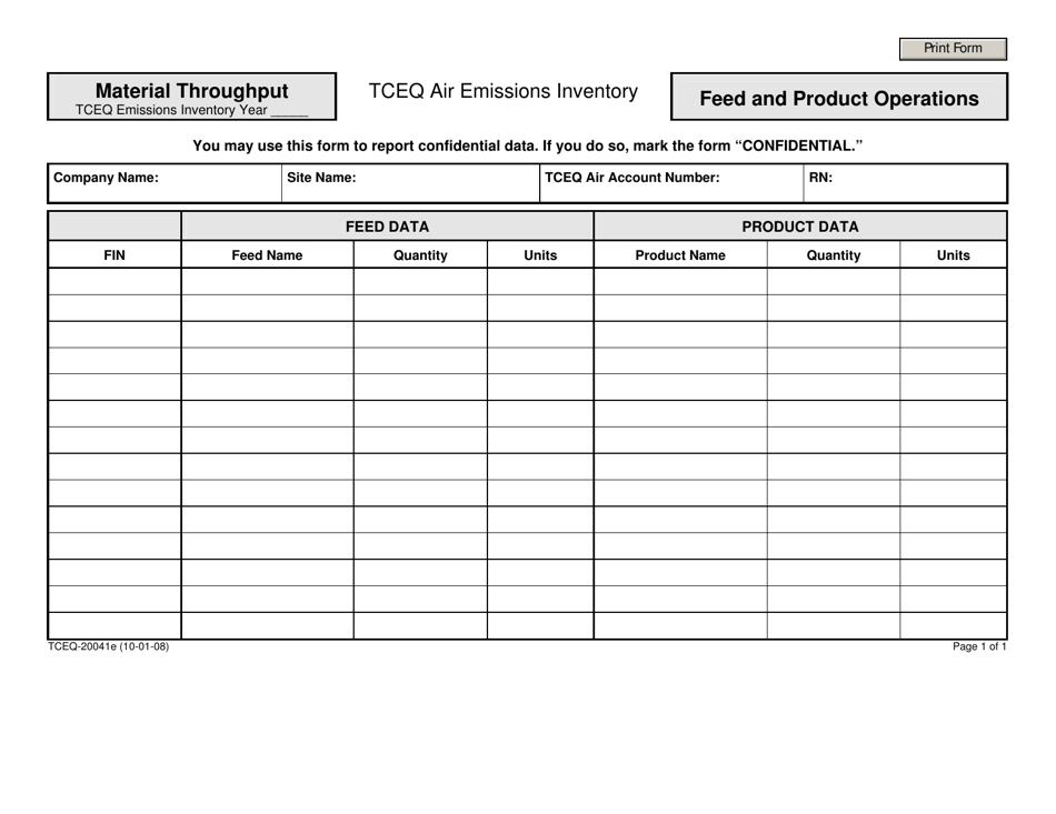 Form TCEQ-20041E Material Throughput Feed and Product Operations - Texas, Page 1