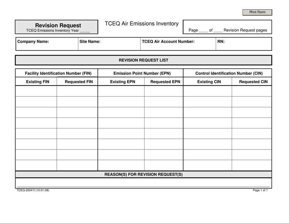 Form TCEQ-20041F Tceq Air Emissions Inventory Revision Request - Texas, Page 1